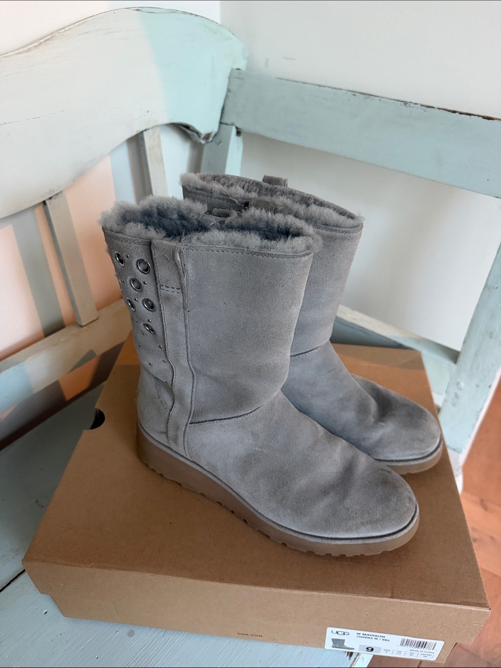 UGG Gray Suede Shearling-Lined Mid Calf Boots